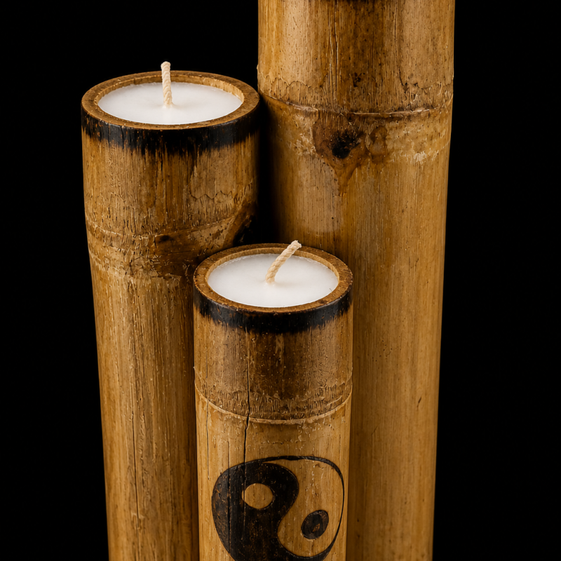 Conjunto de Velas en Bambú con Símbolo Yin Yang