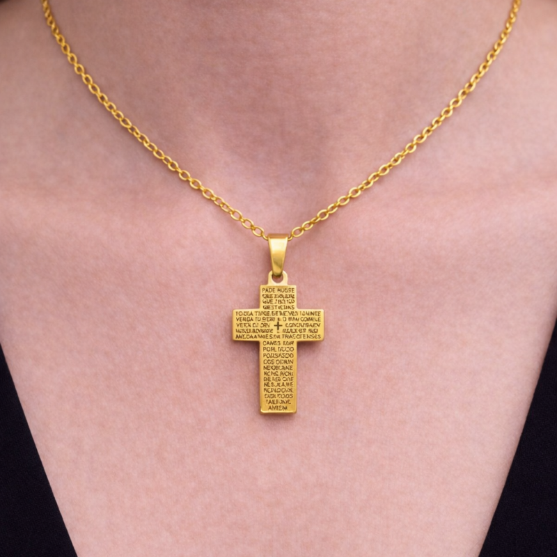 Colgante Acero Cruz con Padre Nuestro Dorado