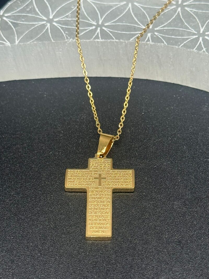 Colgante Acero Medalla con Cruz y Oracion Padre Nuestro Dorado