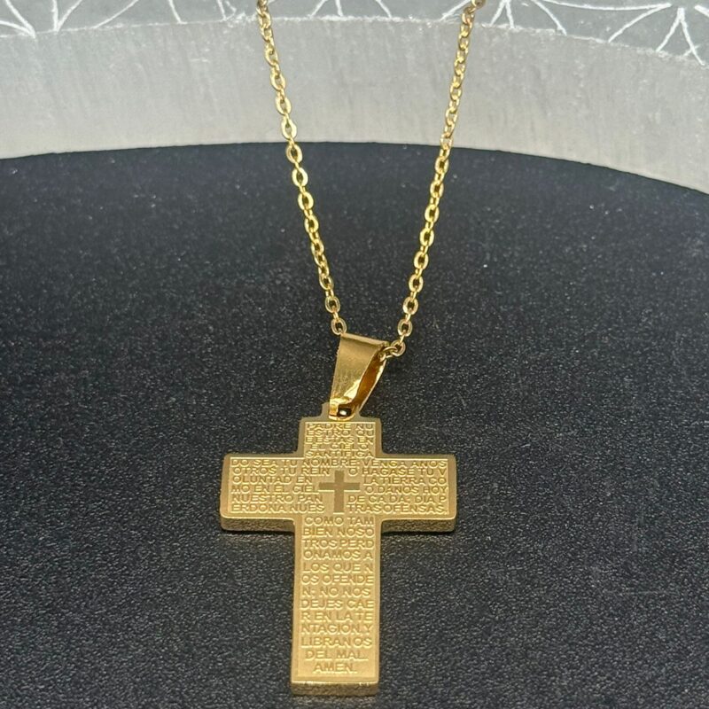 Colgante Acero Medalla con Cruz y Oracion Padre Nuestro Dorado