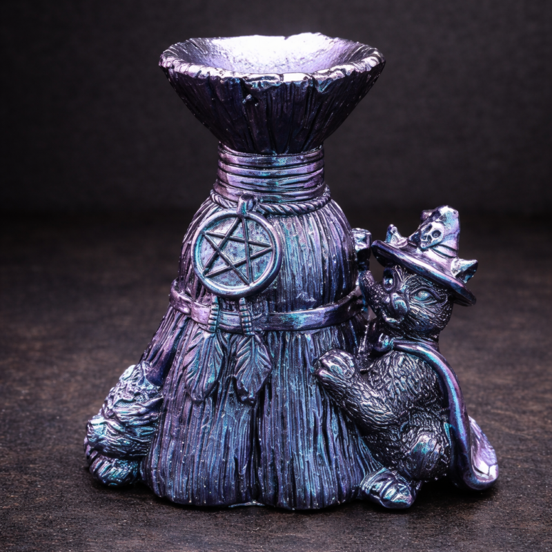 Gato y Escoba con Soporte para Bola de Cristal