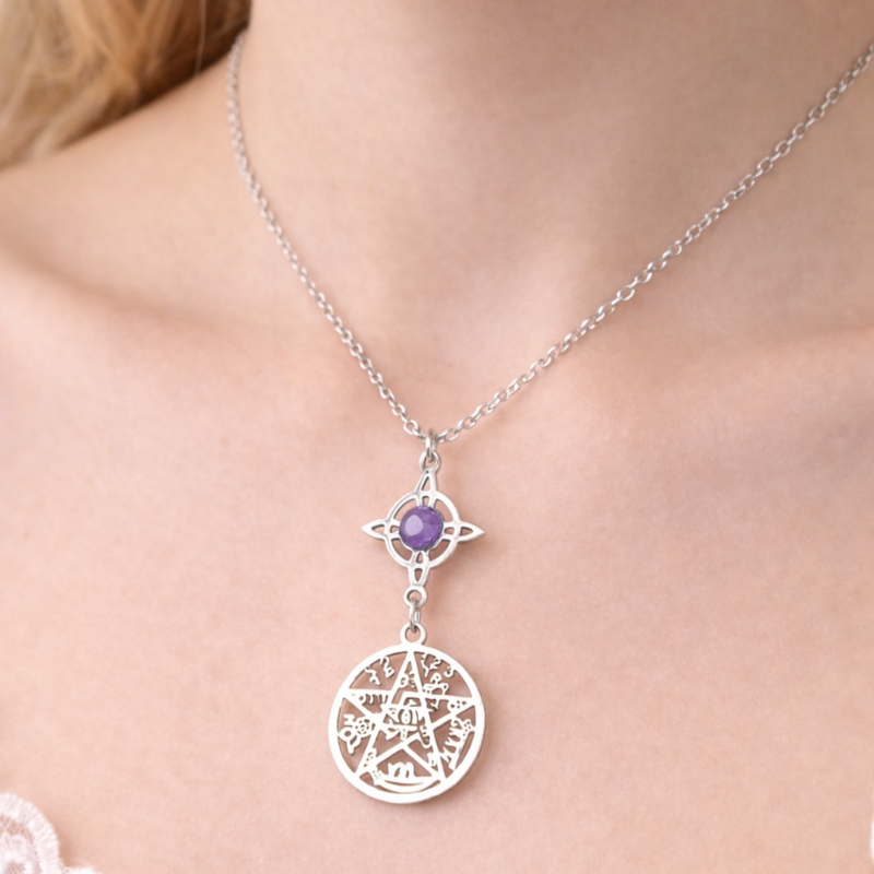 Colgante Doble Protección Acero con Amatista en Nudo de Bruja