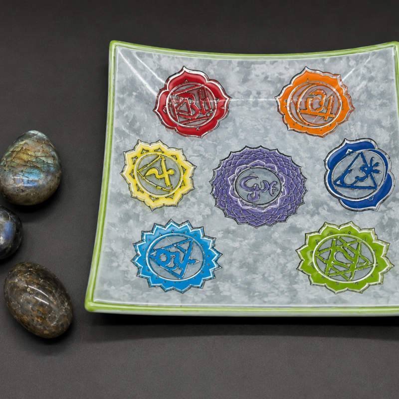 Plato Cuadrado de Cristal 7 Chakras (14 x 14cm)
