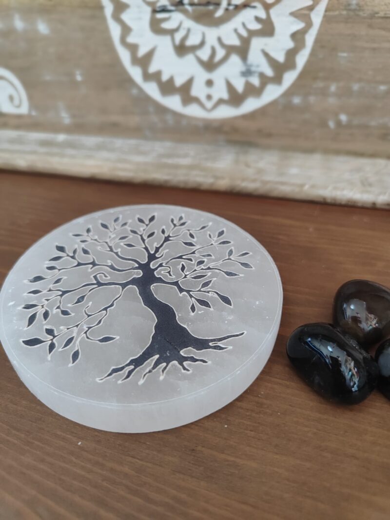 Placa de Selenita Árbol de la Vida Negro (10cm)