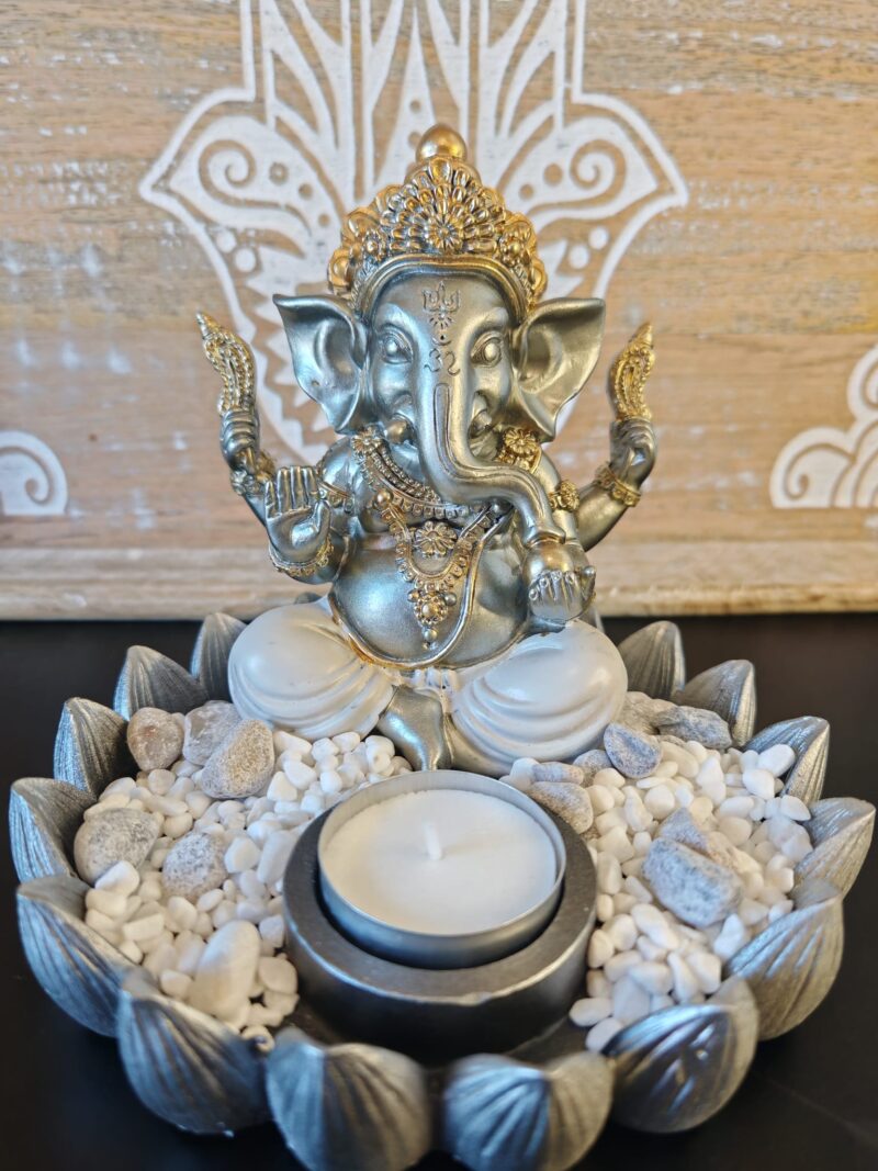 Porta Velas Ganesha Plateado con Piedras