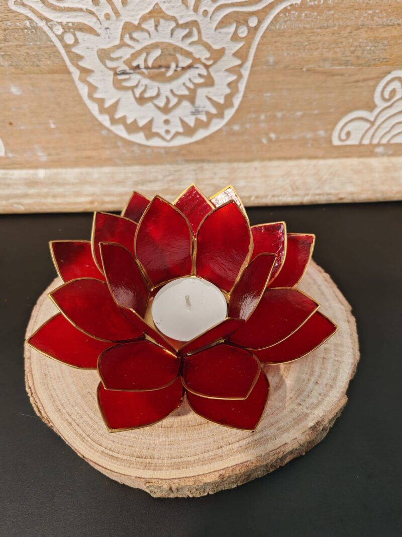 Porta Velas Flor Loto Capiz Rojo Dorado