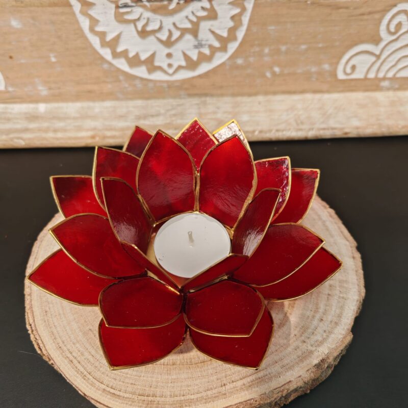 Porta Velas Flor Loto Capiz Rojo Dorado