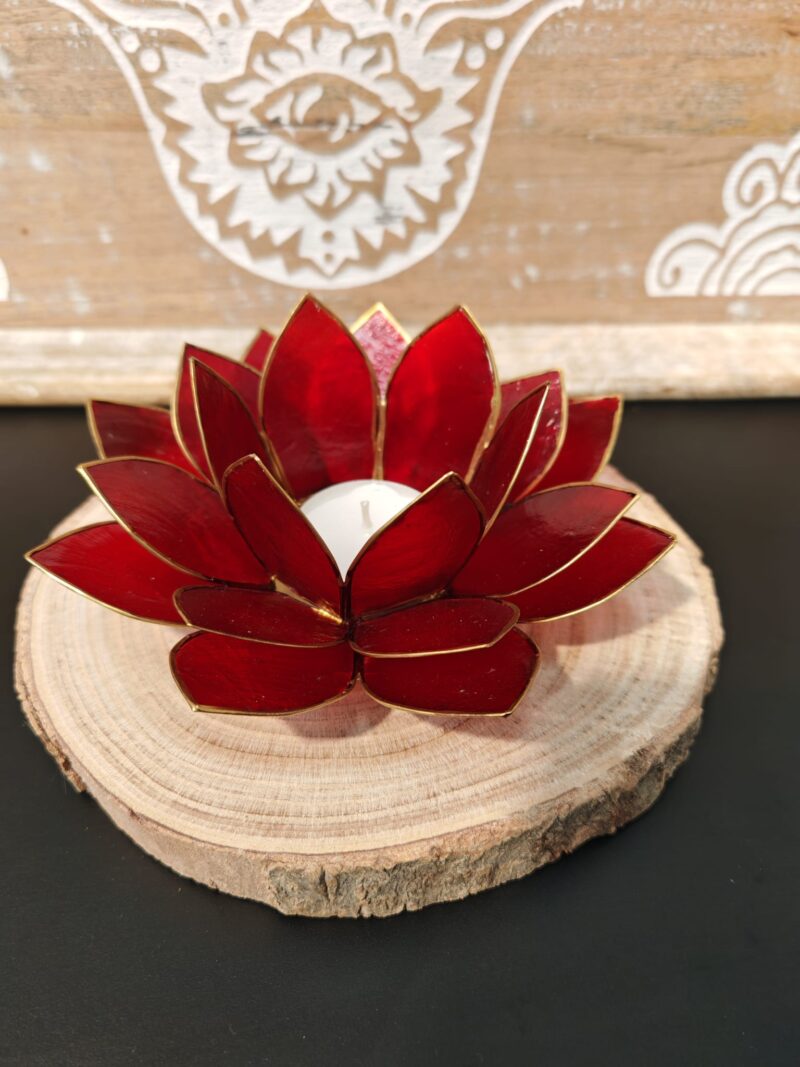 Porta Velas Flor Loto Capiz Rojo Dorado - Imagen 2