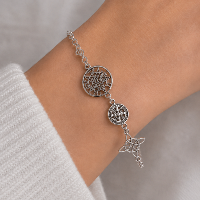 Pulsera Triple Protección (Tetragramatón, San Benito, Nudo de Bruja) - Plata de Ley