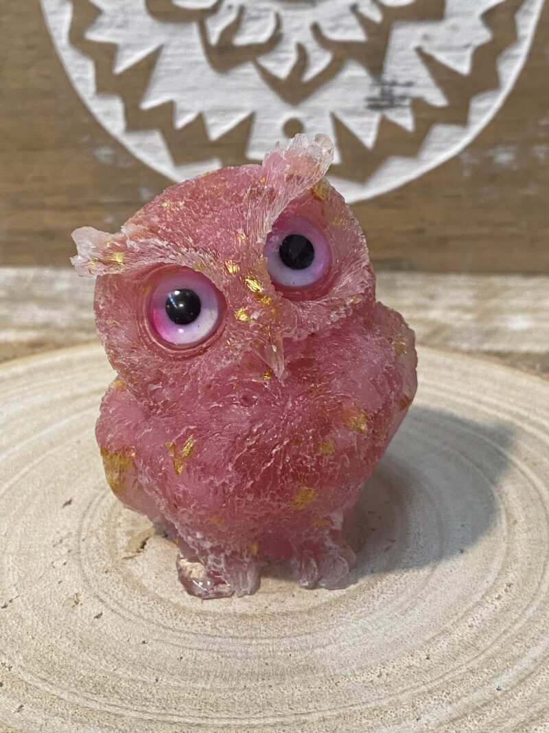 Búho de Orgonita cuarzo rosa (dorado) (6 cm) (Ojos Aleatorios)