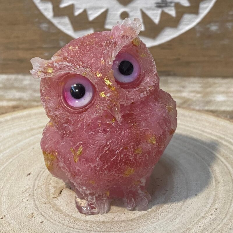 Búho de Orgonita cuarzo rosa (dorado) (6 cm) (Ojos Aleatorios)