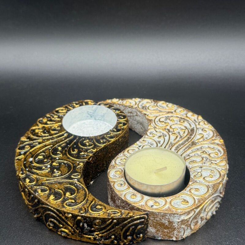 Porta Velas Yin Yang – Blanco y Negro con Detalles Dorados