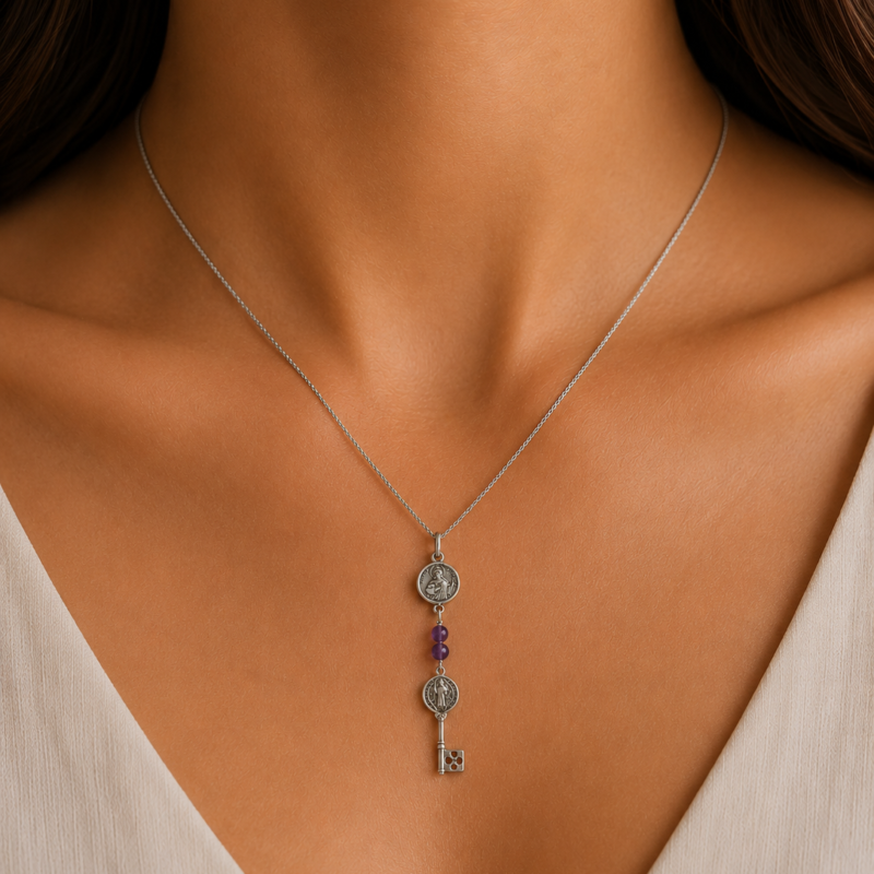 Colgante Triple Protección San Judas, Llave San Benito y Amatista - Plata de Ley (Modelo 2)