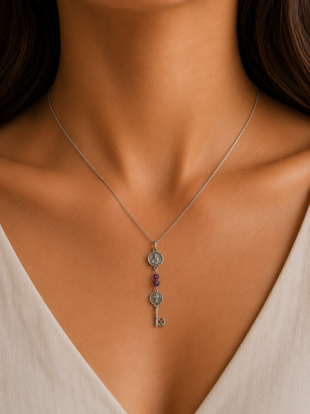 Colgante Triple Protección San Judas, Llave San Benito y Amatista - Plata de Ley (Modelo 2)