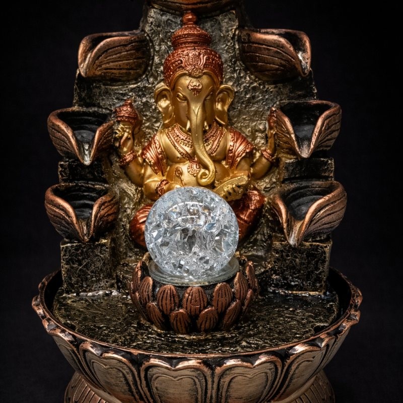 Fuente de Agua Ganesha Dorada con Esfera