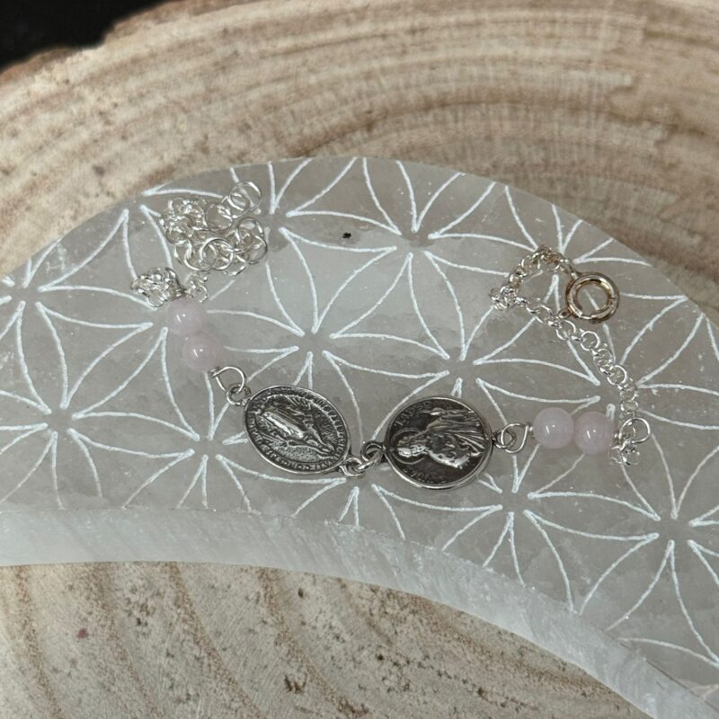 Pulsera San Judas Tadeo, La Milagrosa y Cuarzo Rosa - Plata de Ley