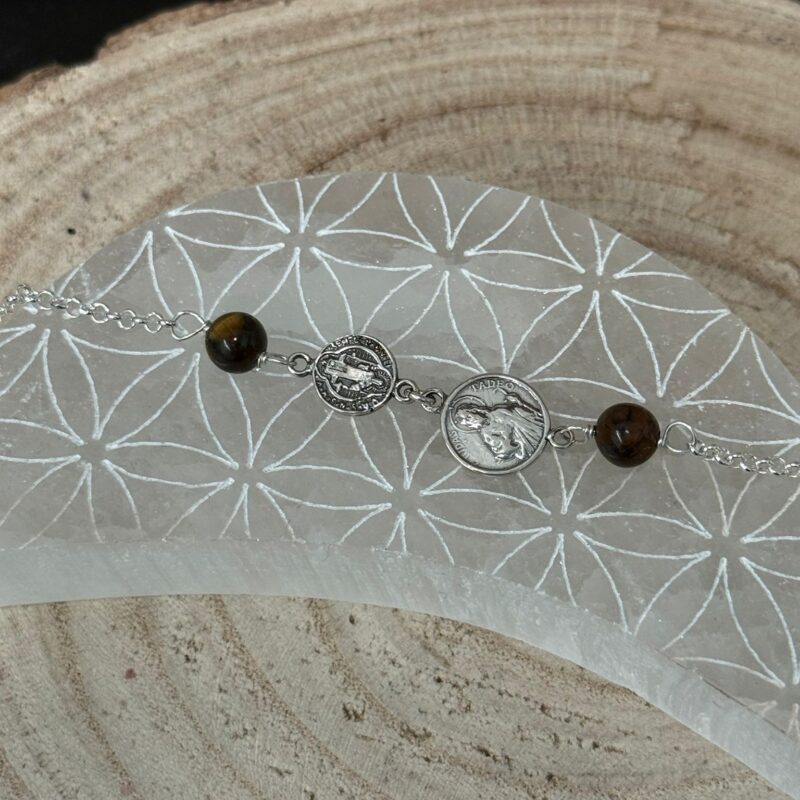 Pulsera San Judas Tadeo, San Benito y Ojo de Tigre - Plata de Ley