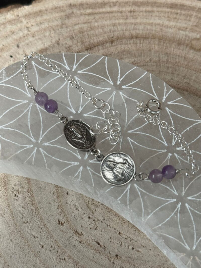 Pulsera San Judas Tadeo, La Milagrosa y Amatista - Plata de Ley