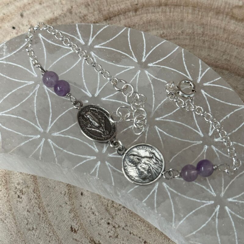 Pulsera San Judas Tadeo, La Milagrosa y Amatista - Plata de Ley