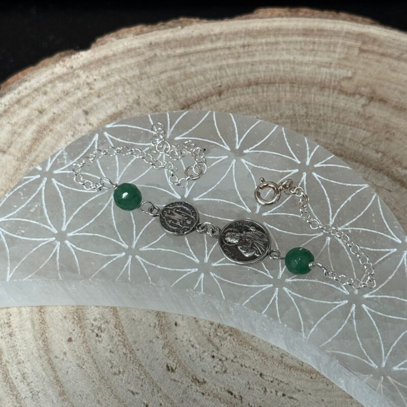 Pulsera San Judas Tadeo, San Benito y Aventurina - Plata de Ley