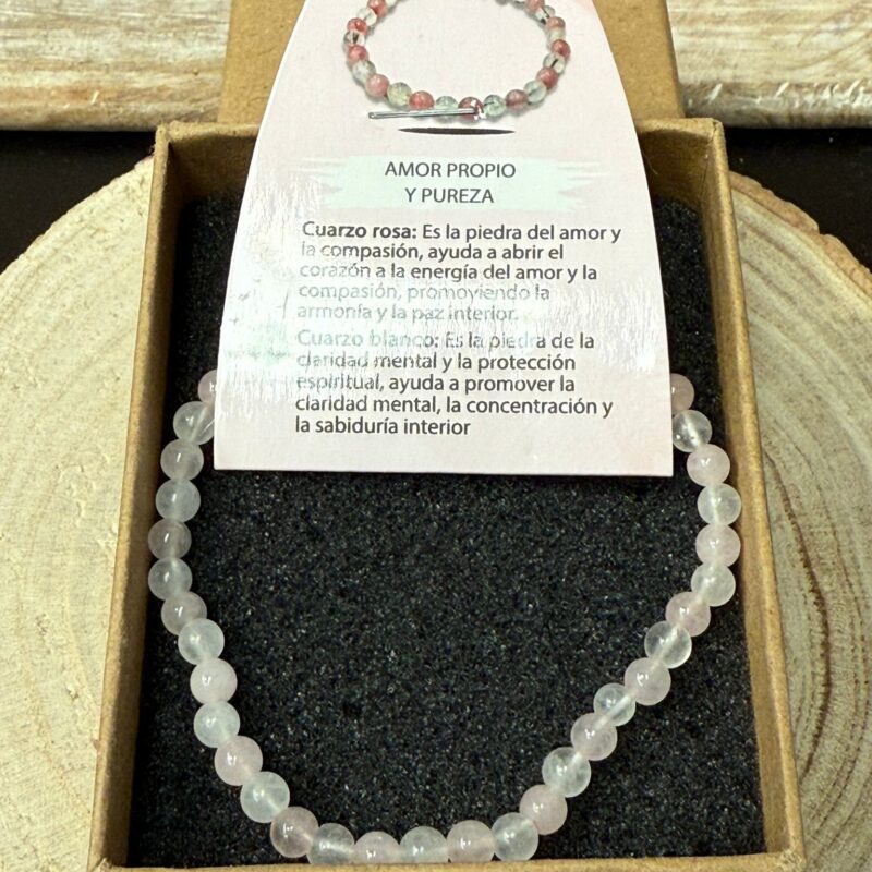 Pulsera Amor Propio y Pureza (Cuarzo Rosa y Cuarzo Blanco) 4mm