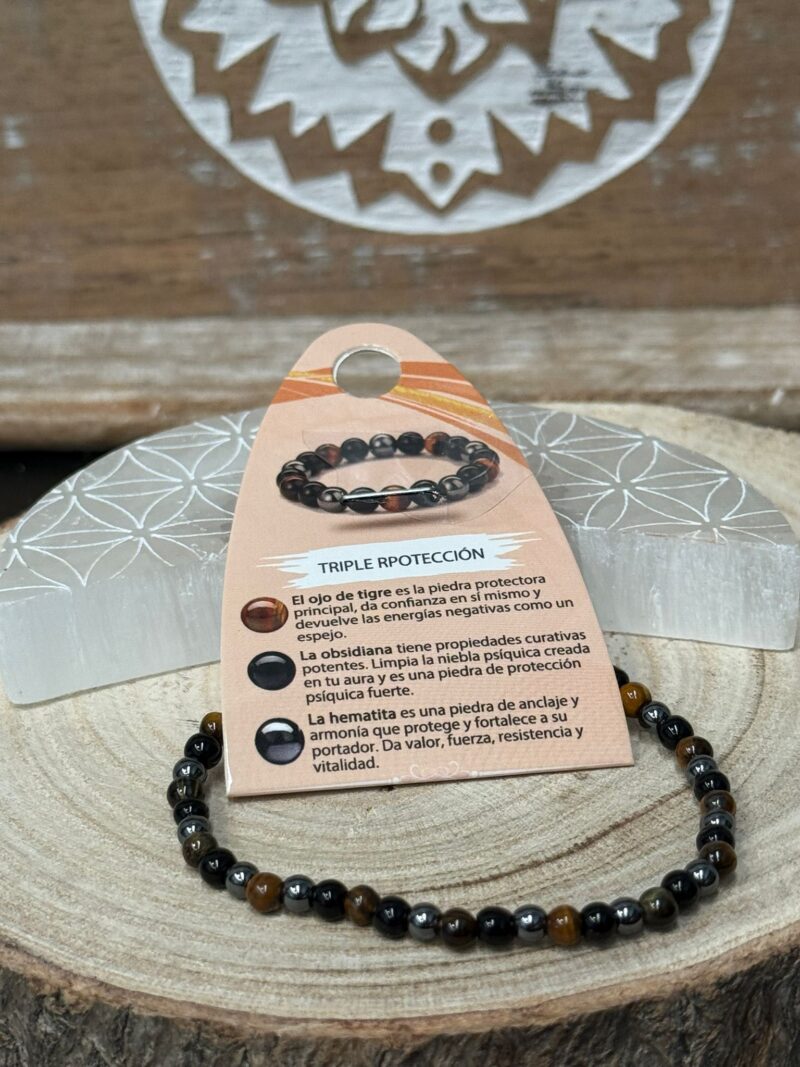 Pulsera Triple Protección (Ojo Tigre-Obsidiana-Hematite) 4mm