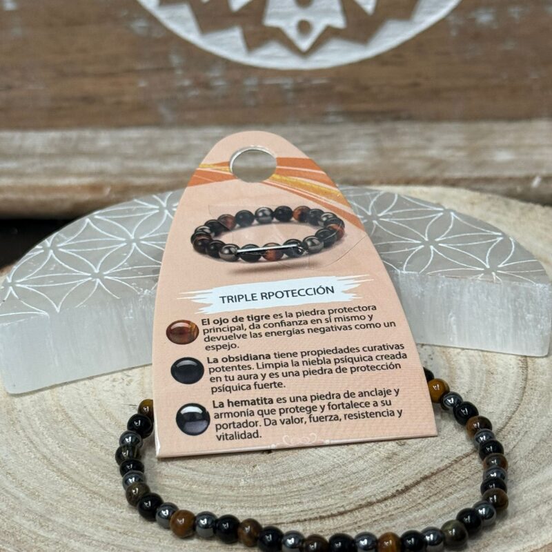 Pulsera Triple Protección (Ojo Tigre-Obsidiana-Hematite) 4mm