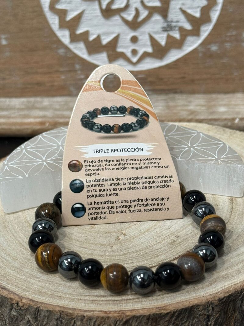 Pulsera Triple Proteccion (Ojo Tigre-Obsidiana-Hematite) 10mm