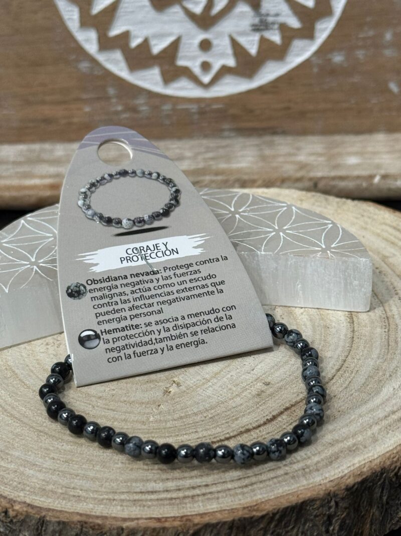 Pulsera Coraje y Protección (Obsidiana Nevada y Hematite) 4mm