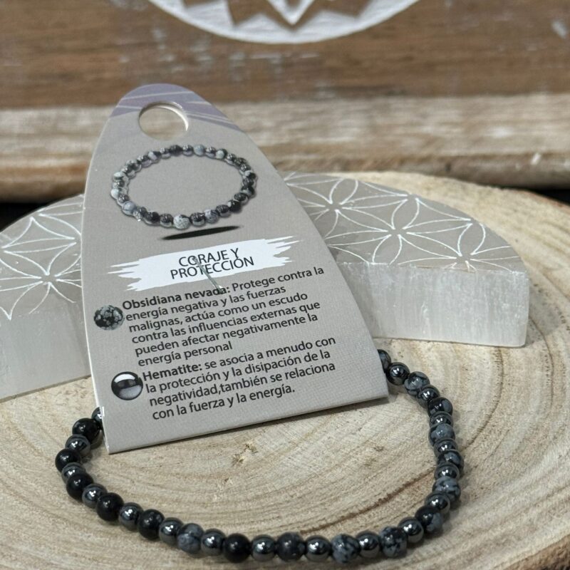 Pulsera Coraje y Protección (Obsidiana Nevada y Hematite) 4mm
