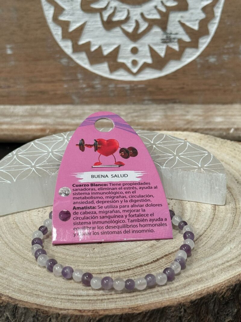 Pulsera Buena Salud (Cuarzo Blanco y Amatista) 4mm