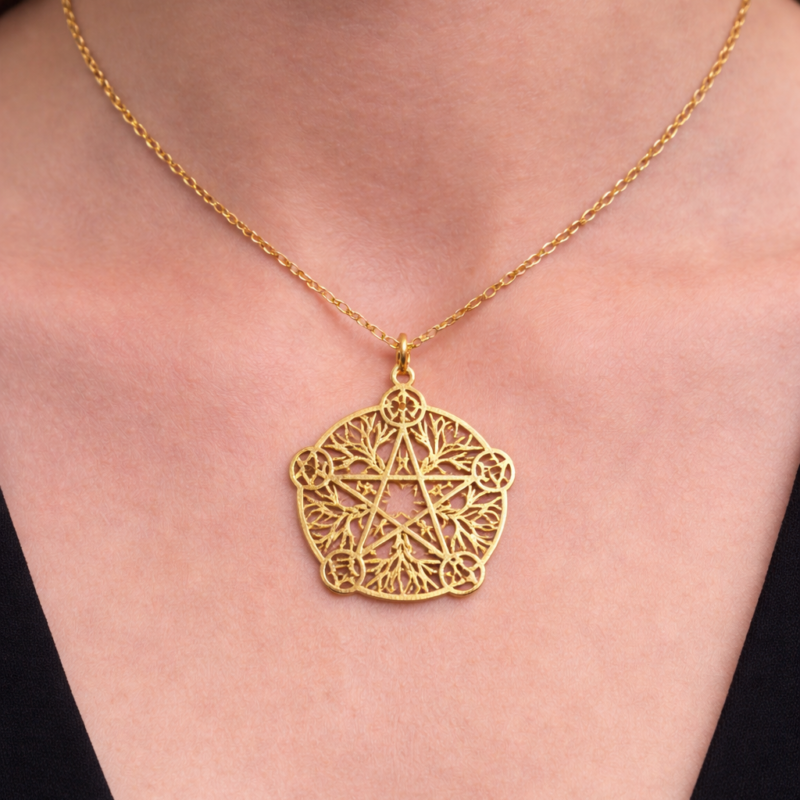 Colgante de Pentagrama 5 Elementos de 5 Puntas con Árbol De La Vida en Acero Dorado