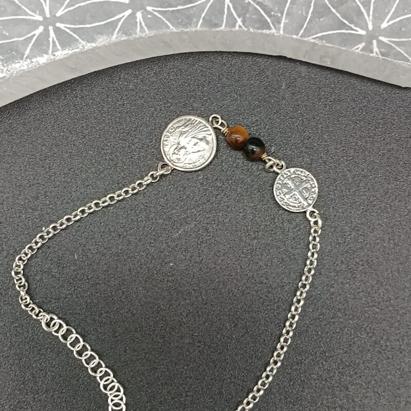 Pulsera Triple Protección (San Judas Tadeo, Ojo de Tigre y San Benito) - Plata de Ley (Mod 1)