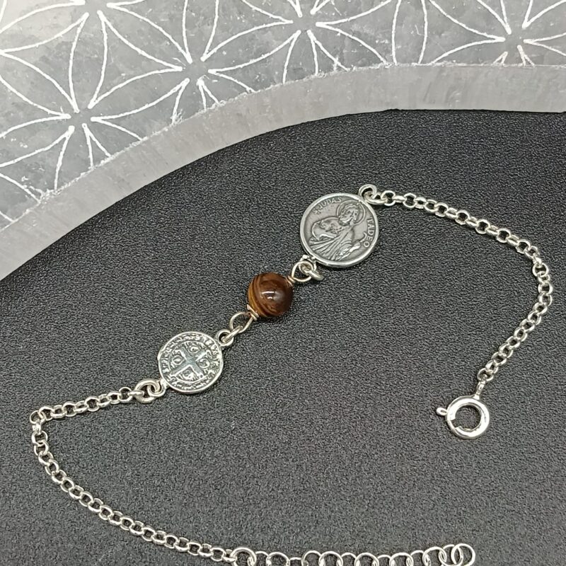 Pulsera Triple Protección (San Judas Tadeo, Ojo de Tigre y San Benito) - Plata de Ley (Mod 2)