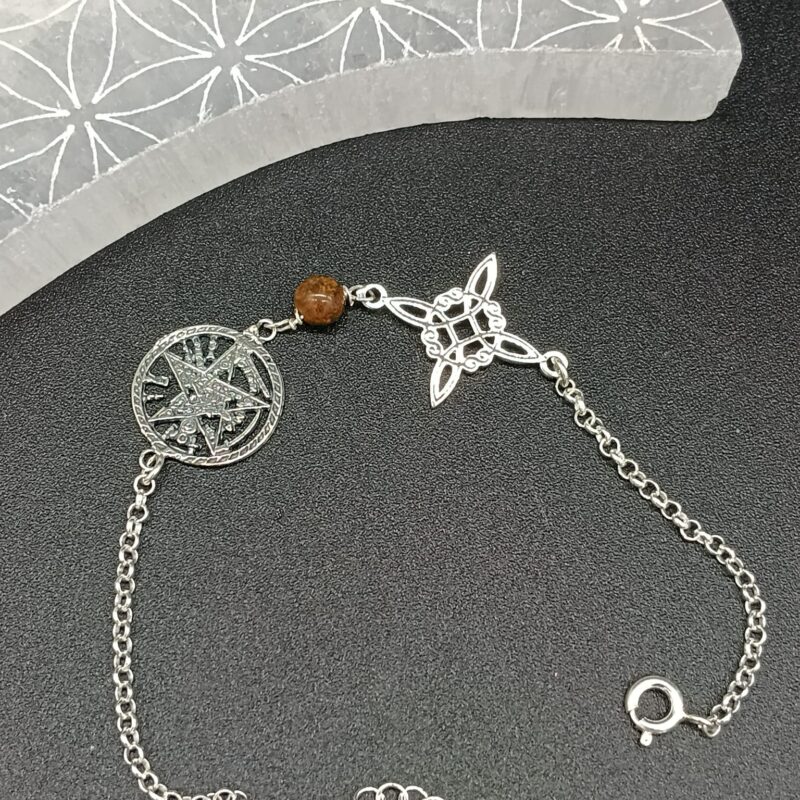 Pulsera Triple Protección (Nudo de Bruja, Ojo de Tigre y Tetragramatón) - Plata de Ley