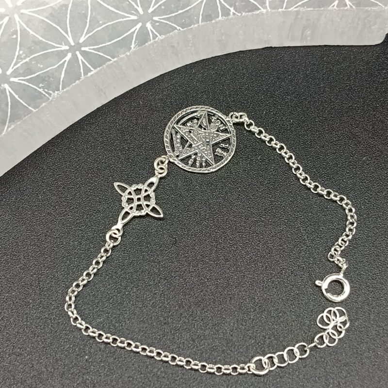 Pulsera Doble Protección (Nudo de Bruja y Tetragramatón) - Plata de Ley (Mod 2)
