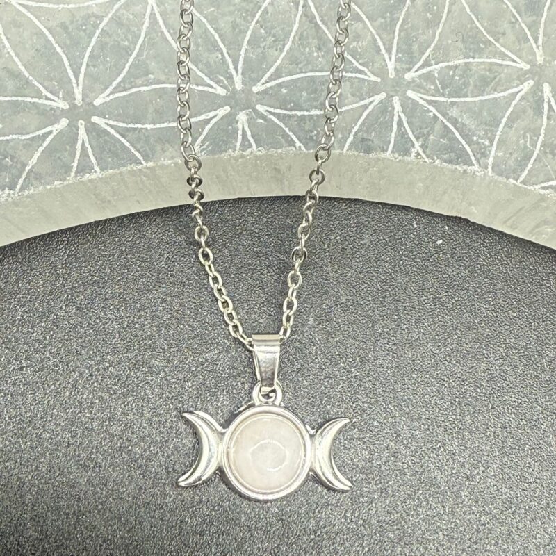 Colgante Triple Luna Cuarzo Rosa Acero Inoxidable Mod 2