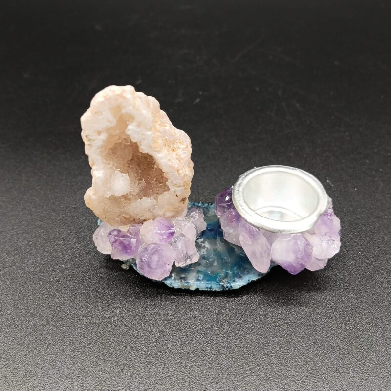 Porta Velas en Base de Piedra con Drusas de Amatista y Mineral en Bruto