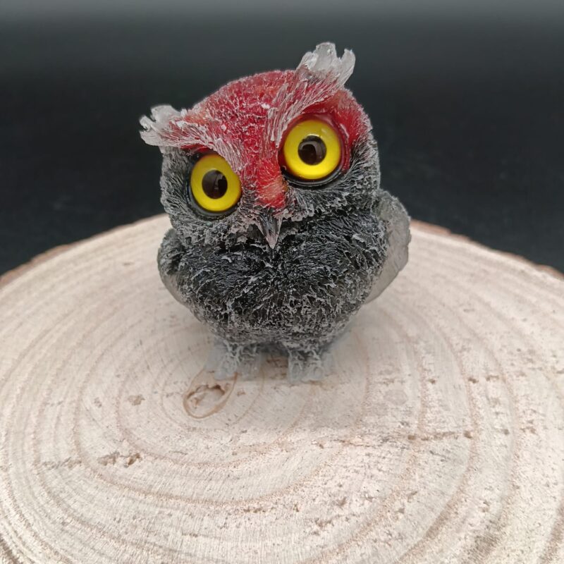 Búho de Orgonita Obsidiana y Coral Rojo (6 cm, Ojos Aleatorios)