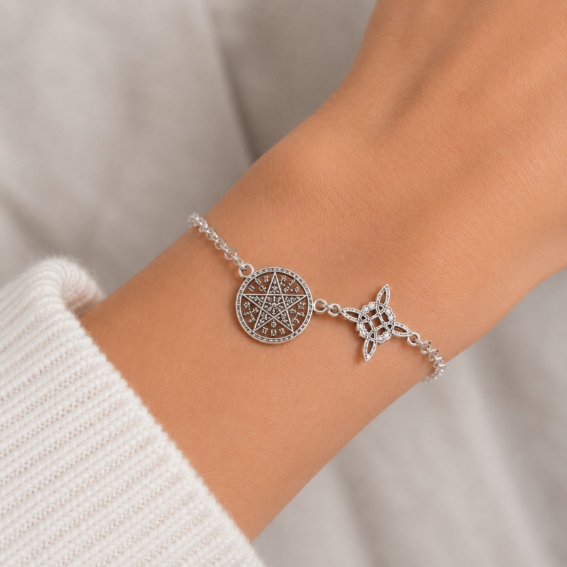 Pulsera Doble Protección (Nudo de Bruja y Tetragramatón) - Plata de Ley (Mod 1)