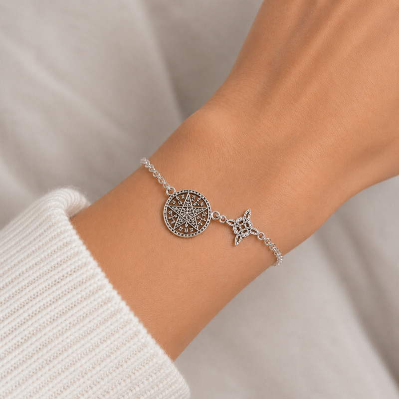 Pulsera Doble Protección (Nudo de Bruja y Tetragramatón) - Plata de Ley (Mod 2)