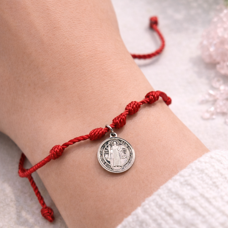 Pulsera 7 Nudos con Medalla San Benito - Acero Inoxidable