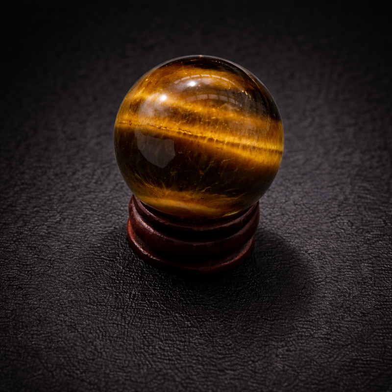 Esfera Ojo de Tigre Pequeña con Peana de Madera