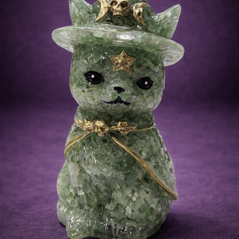 Gato Orgonita Aventurina con Sombrero - 10 cm