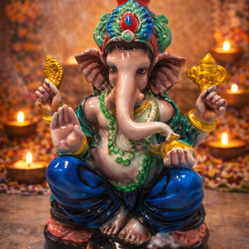 Figura Dios Ganesh Mod 1 Colores Ropa Verde 17 cm