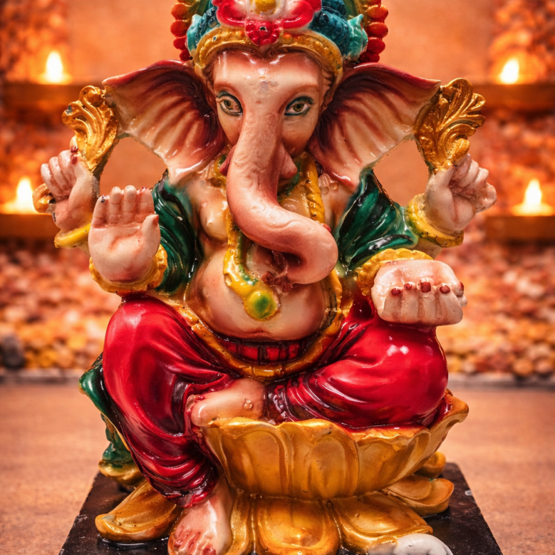 Figura Dios Ganesh Mod 2 Colores Ropa Verde 17 cm