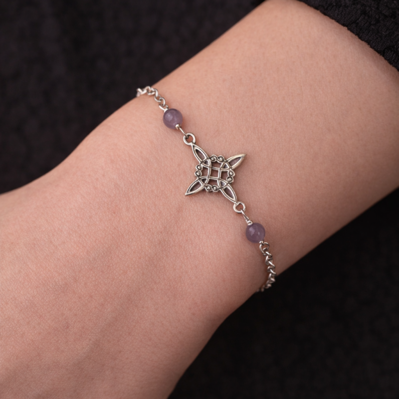 Pulsera Nudo de Bruja con Cuentas de Amatista - Plata de Ley