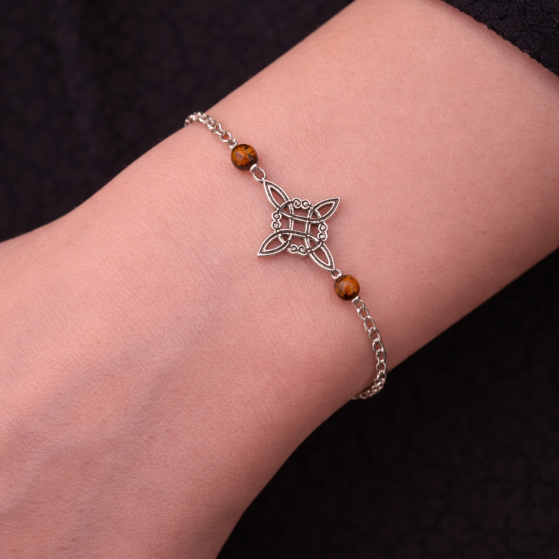 Pulsera Nudo de Bruja con Cuentas de Ojo de Tigre - Plata de Ley