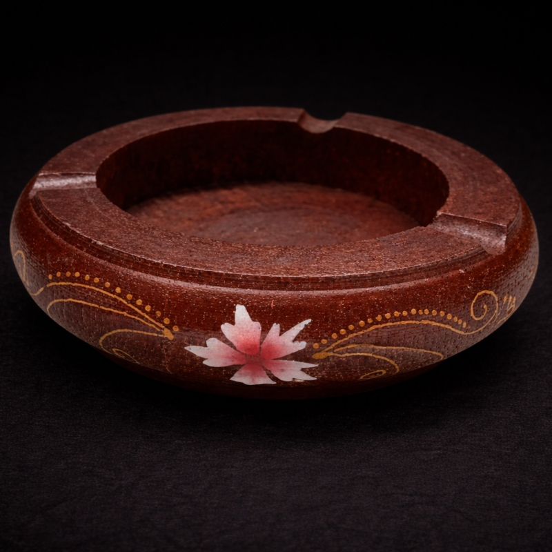 Cenicero de Madera con Flor Rosa - 12 cm