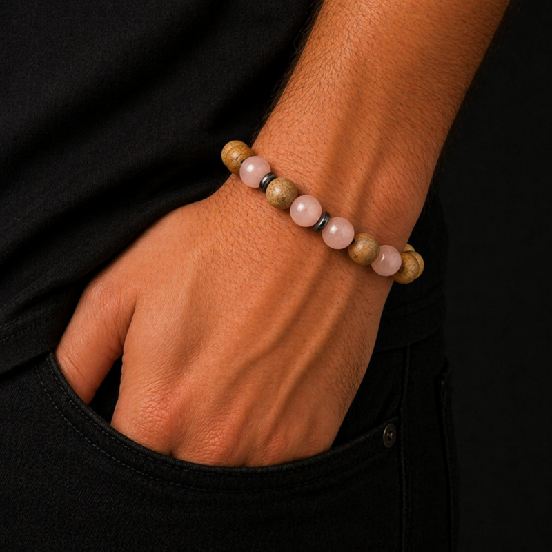 Pulsera de Palo Santo y Cuarzo Rosa 8 mm